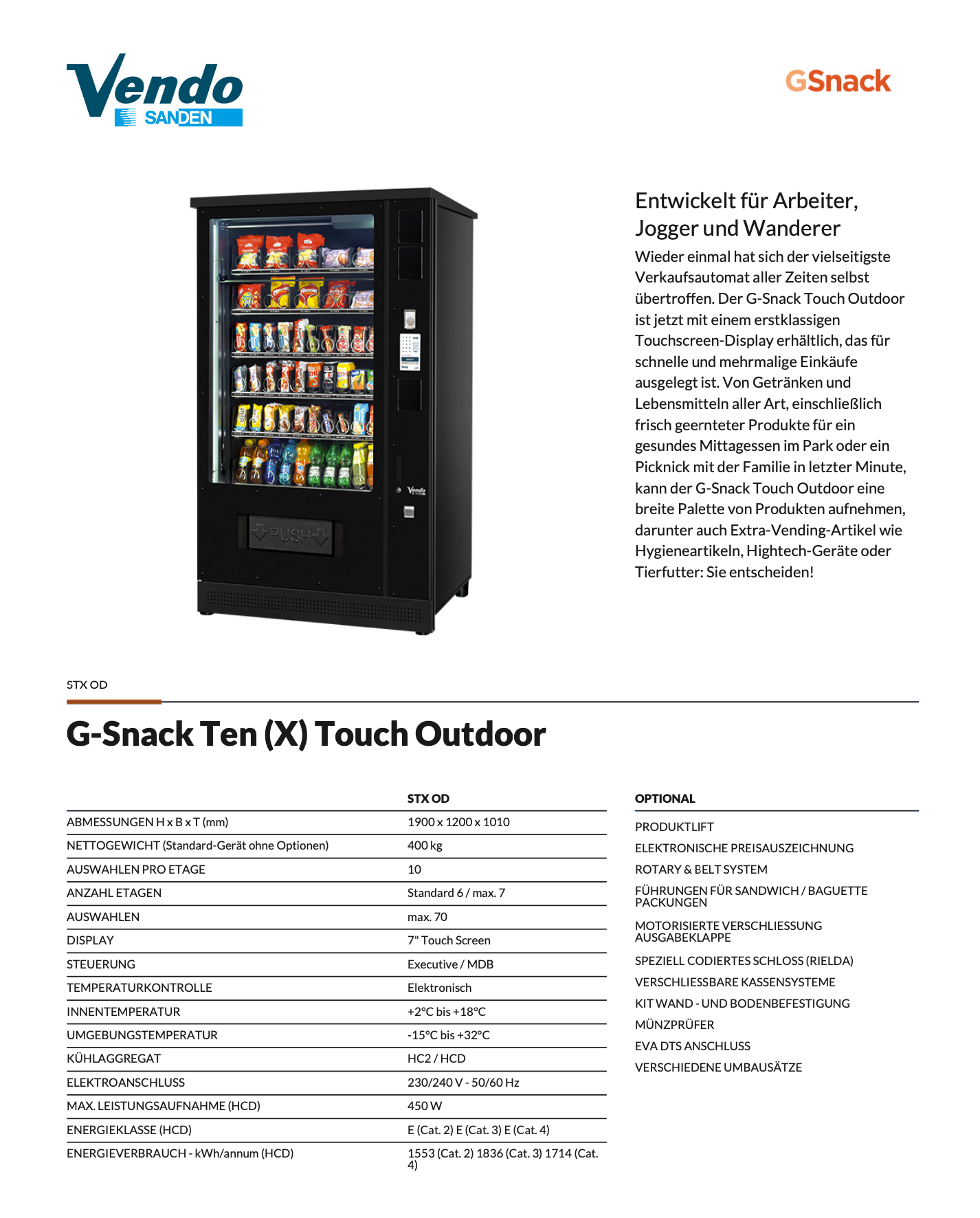 Daten für Outdoor Snackautomat Sanden Vendo G-Snack 10 Touch