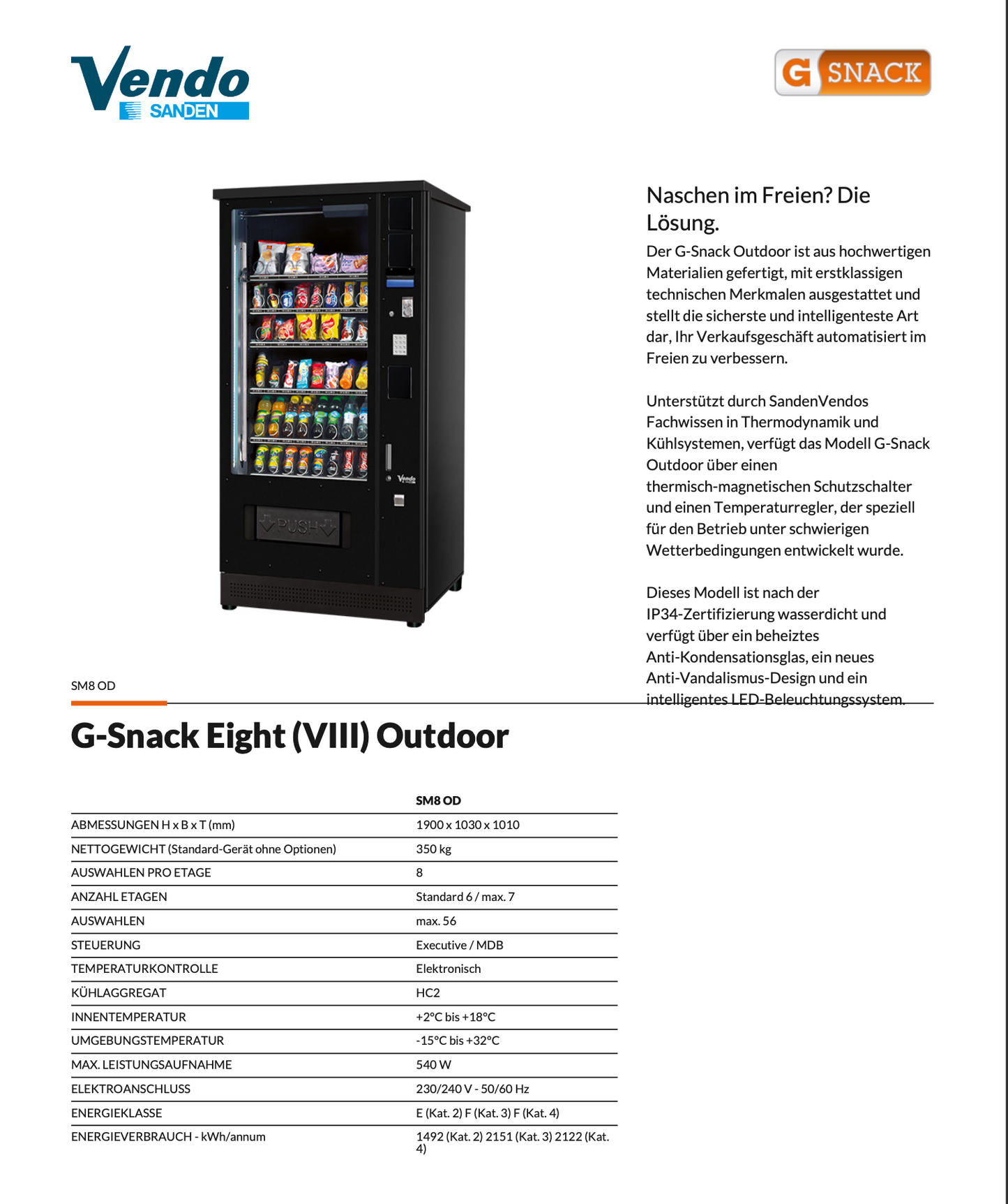 Sanden Vendo G-Snack 8  Outdoor Datenblatt