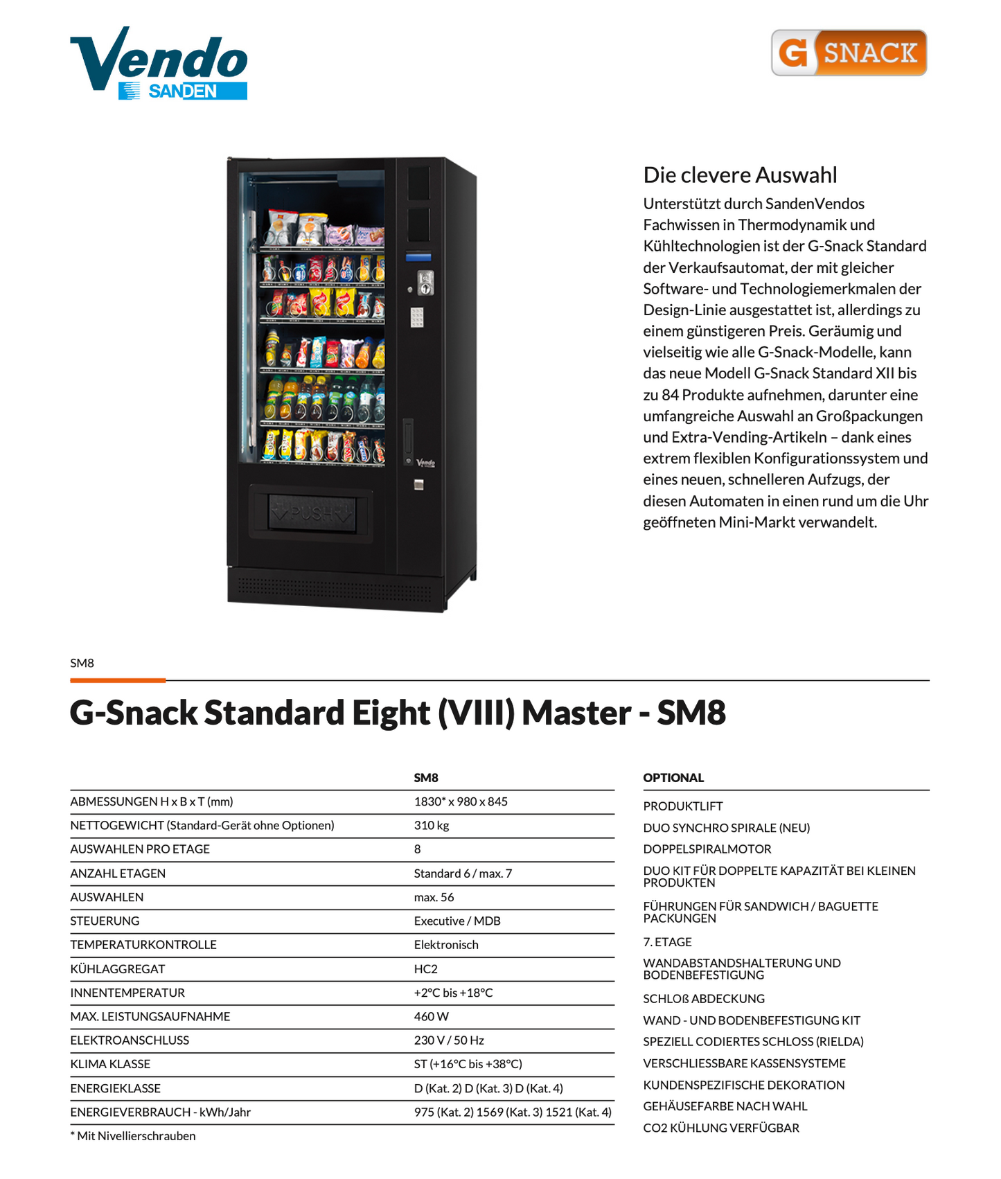 Sanden Vendo G-Snack 8 Indoor Datenblatt