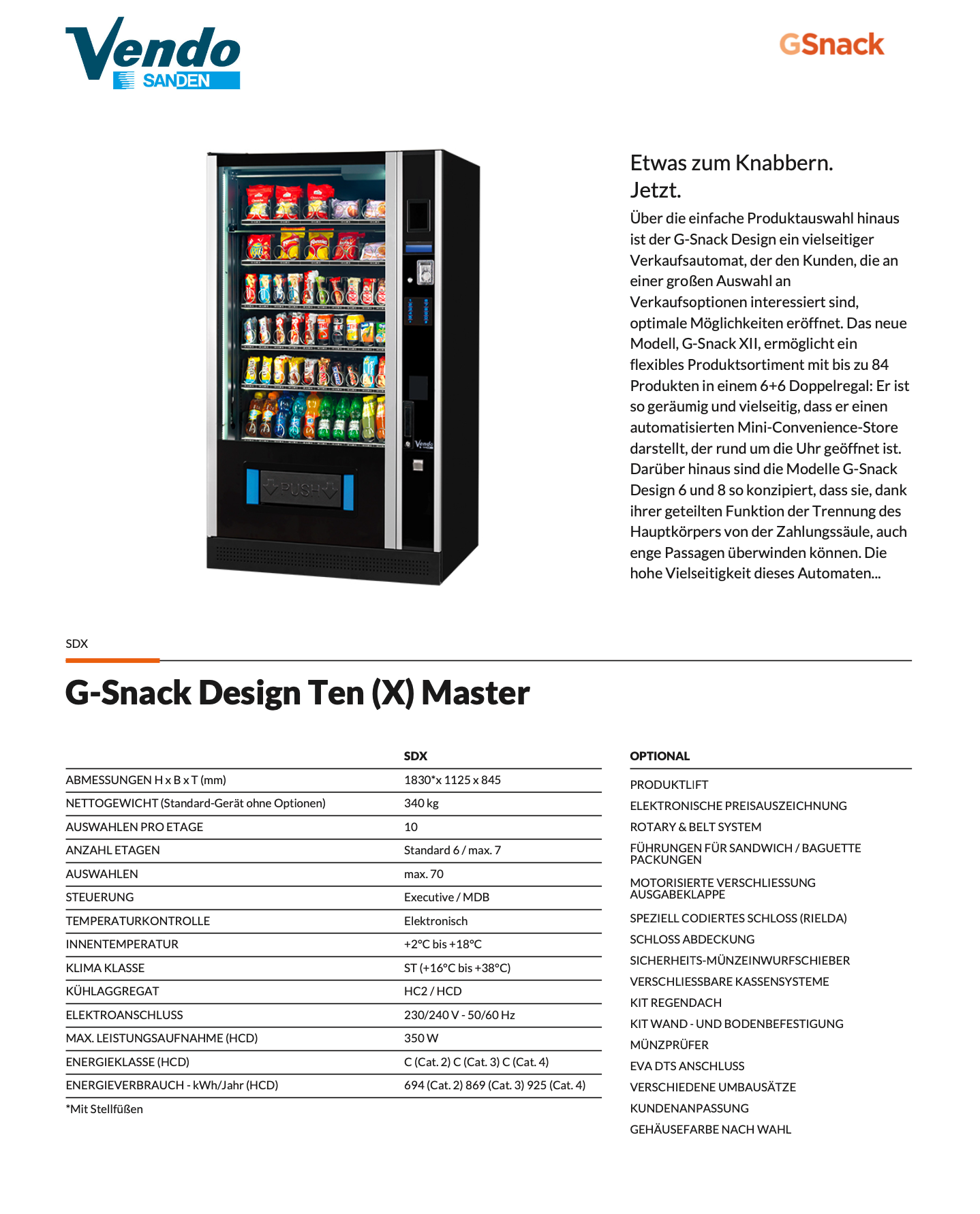 Merkmale Snack Automat Daten Sanden Vendo