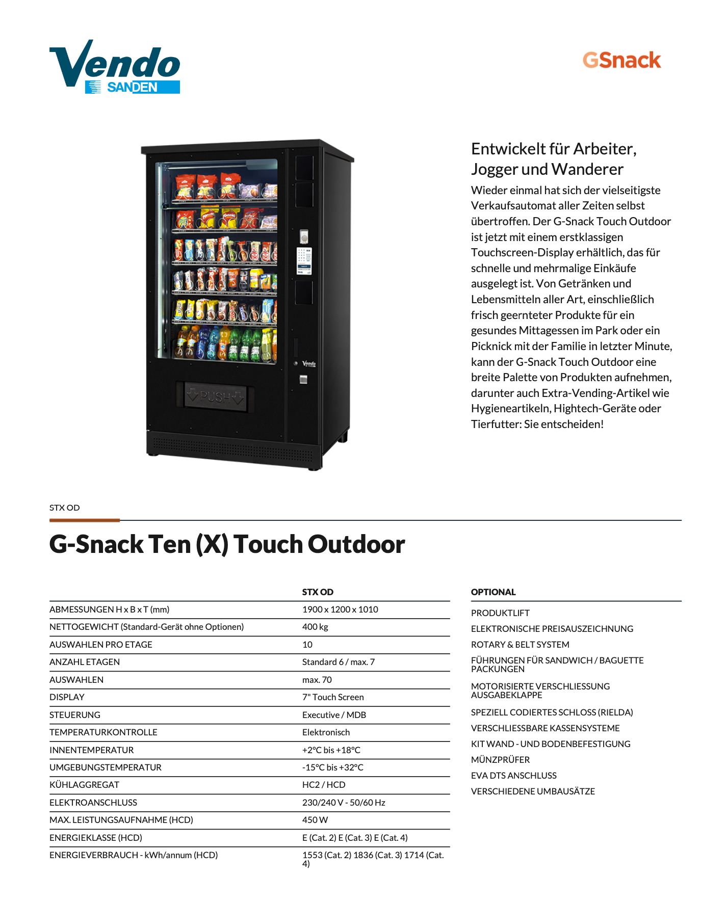 Daten für Outdoor Snackautomat Sanden Vendo G-Snack 10 Touch 