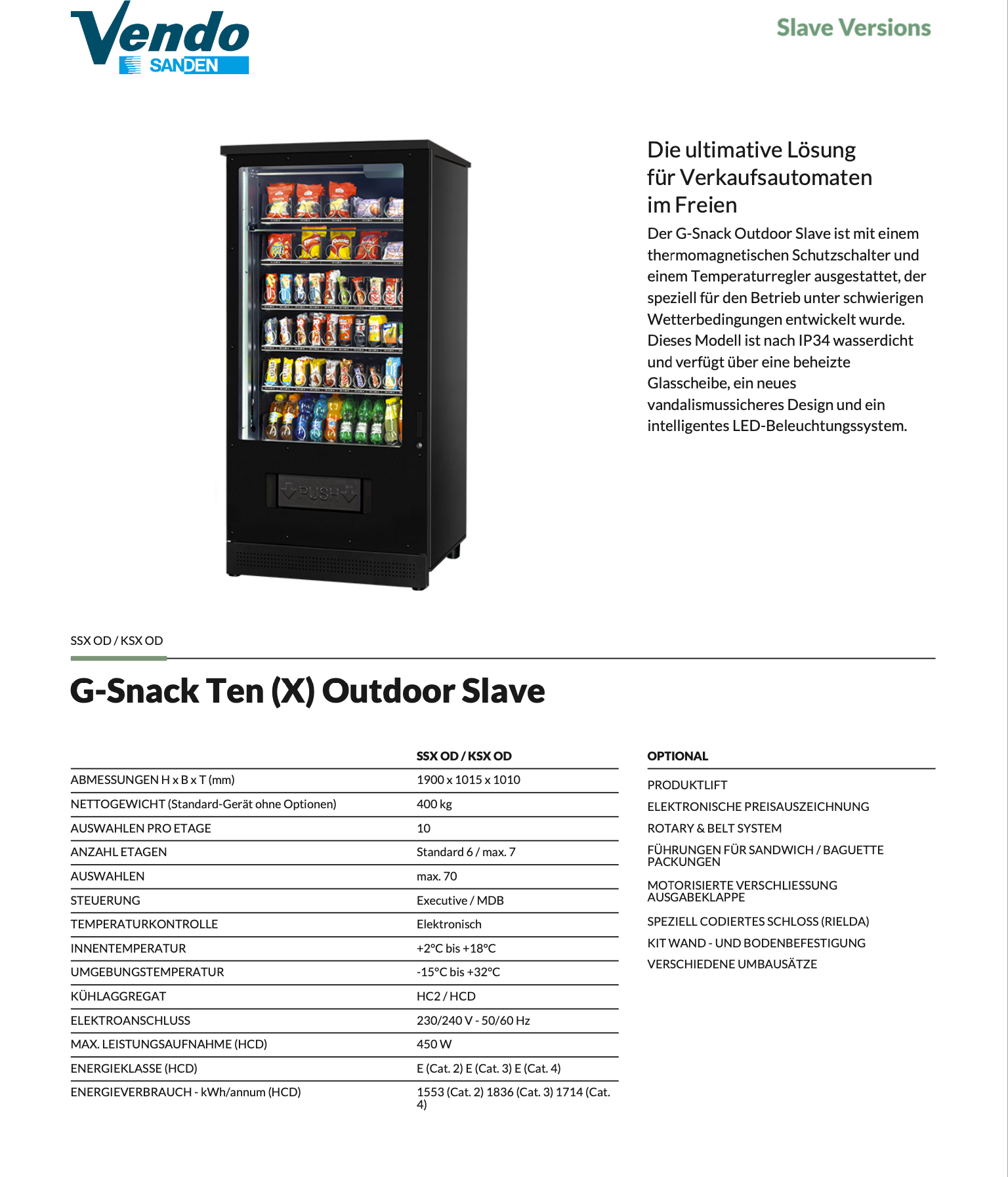 Datenblatt Sanden Vendo G-Snack 10 Standard Slave Modul Outdoor