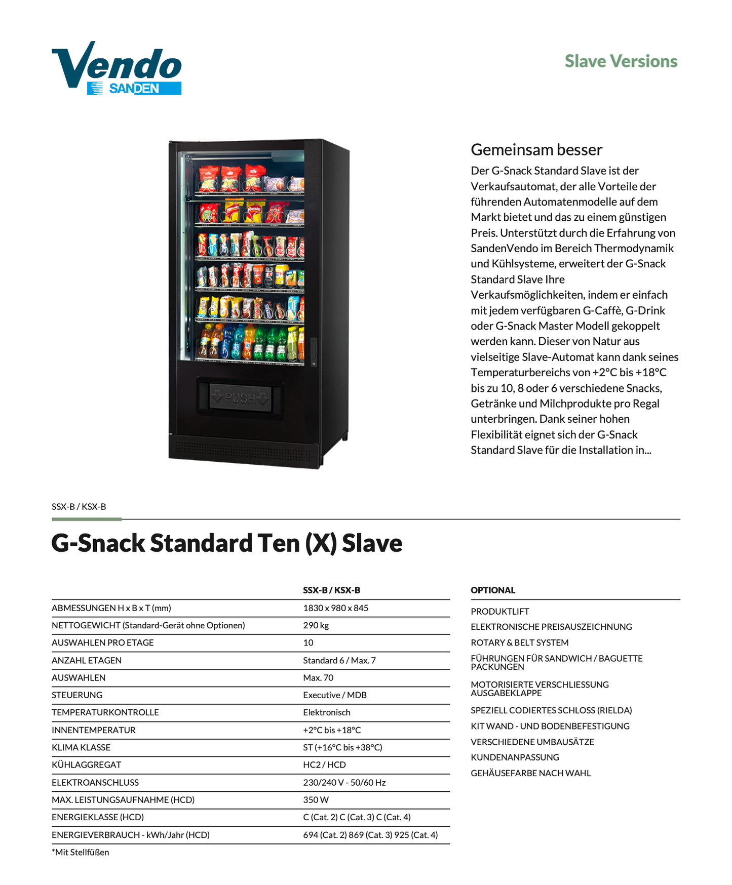 Datenblatt Sanden Vendo G-Snack 10 Standard Slave Modul Indoor