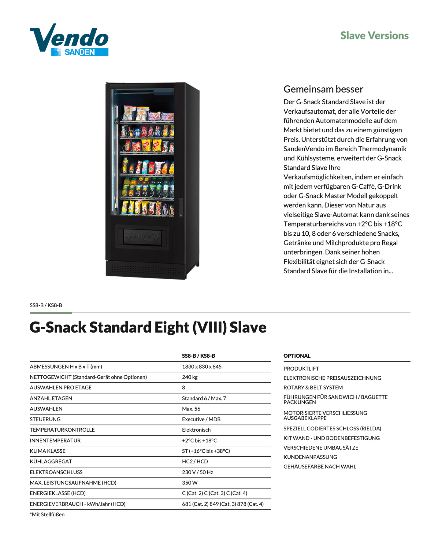 Datenblatt Sanden Vendo G-Snack 8 Standard Slave Modul Indoor