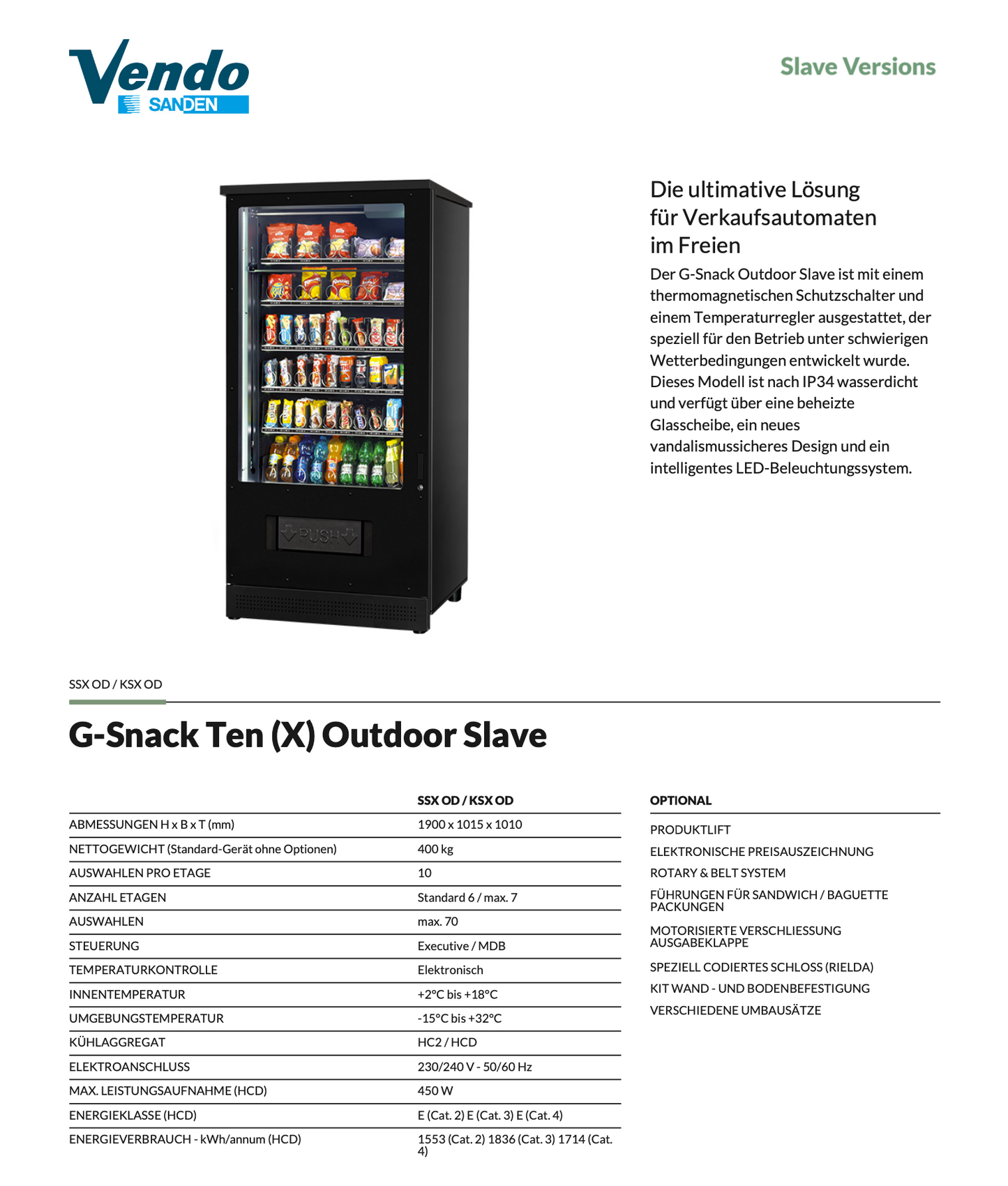 Datenblatt Sanden Vendo G-Snack 10 Touch Slave Modul Outdoor